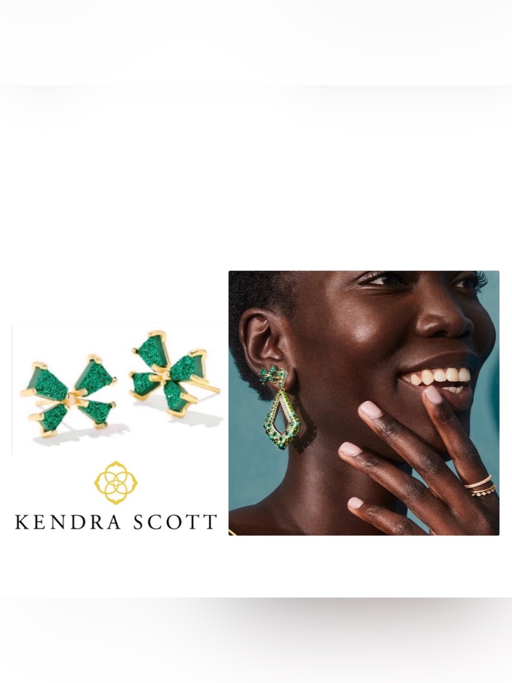 NWOT [Kendra Scott] Blair Bow Stud Sparkle Earrings, Gold/Emerald (Green) Drusy - Picture 2 of 9